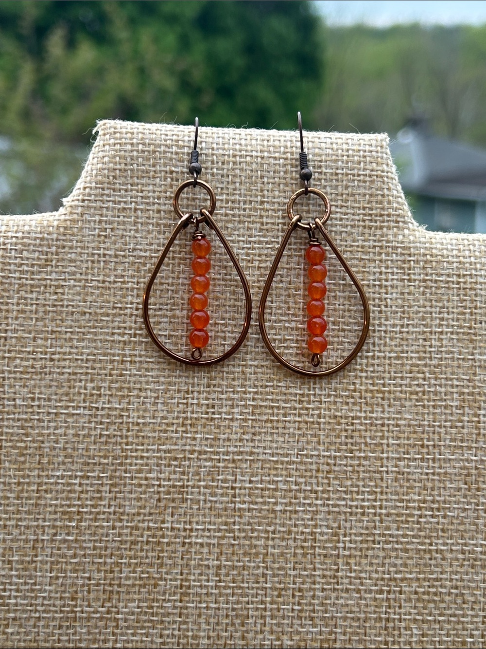 Artisan made Copper Teardrop Earrings with Orange Jade Beads